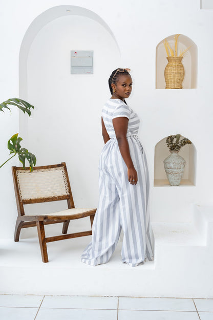 Pastel Striped Pants Set - Grey