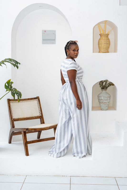 Pastel Striped Pants Set - Grey