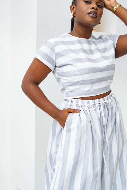 Pastel Striped Pants Set - Grey