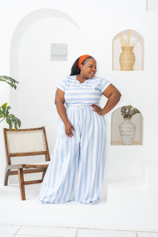 Pastel Striped Pants Set - Blue