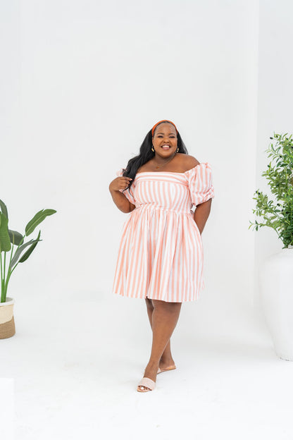 Pastel Striped Mini Dress - Coral