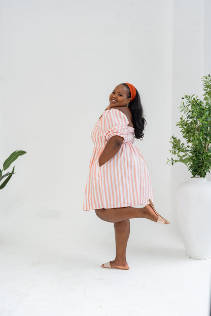 Pastel Striped Mini Dress - Coral