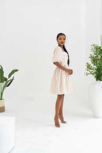 Pastel Striped Mini Dress - Khaki