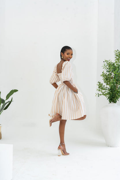 Pastel Striped Mini Dress - Khaki