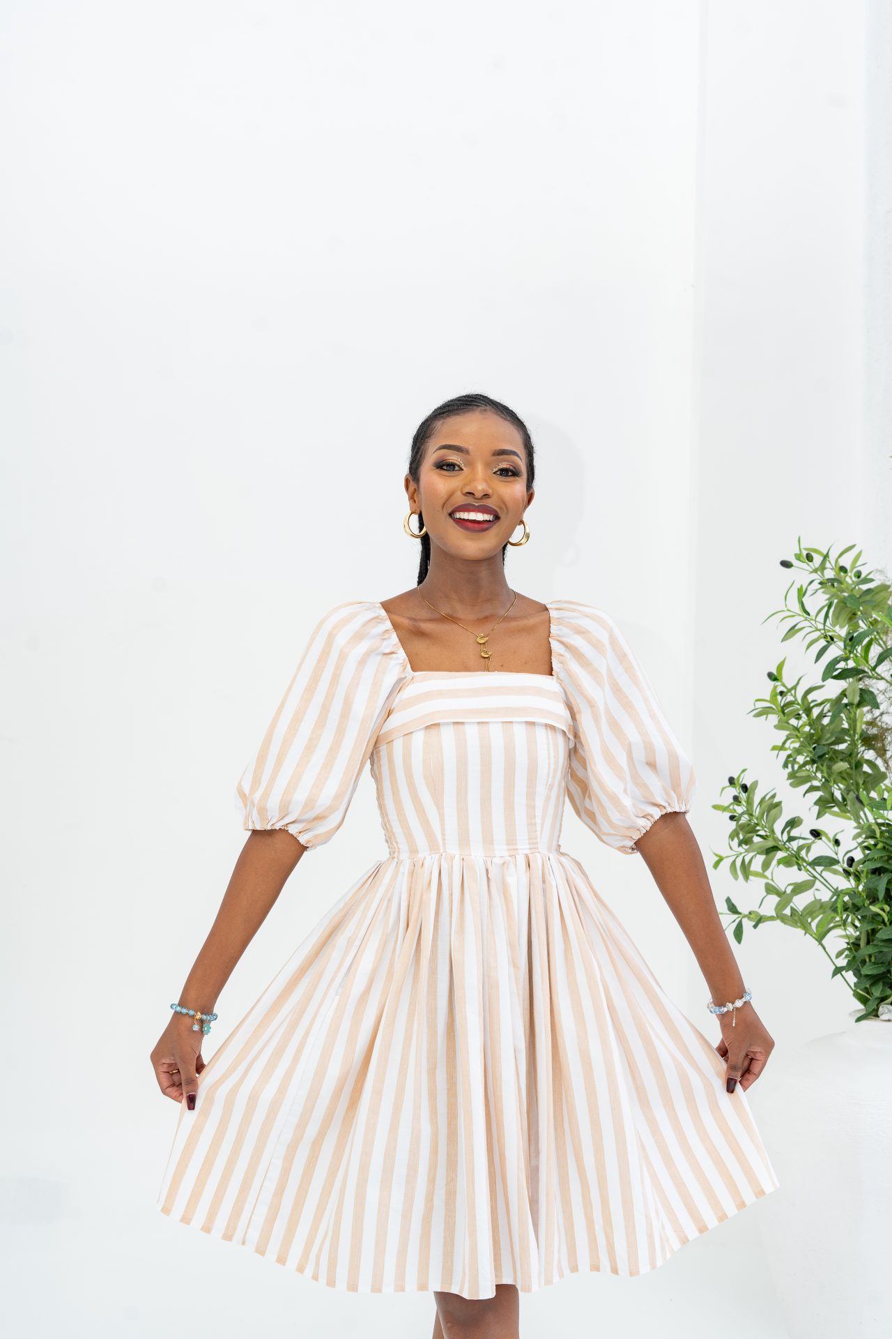 Pastel Striped Mini Dress - Khaki