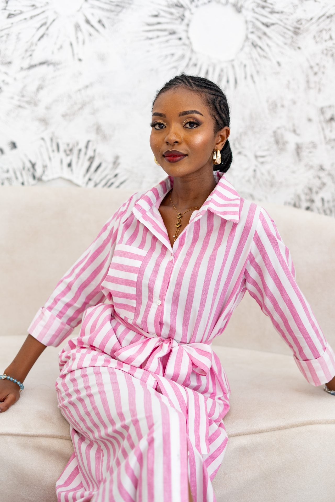 Pastel Striped Maxi Shirt Dress - Pink