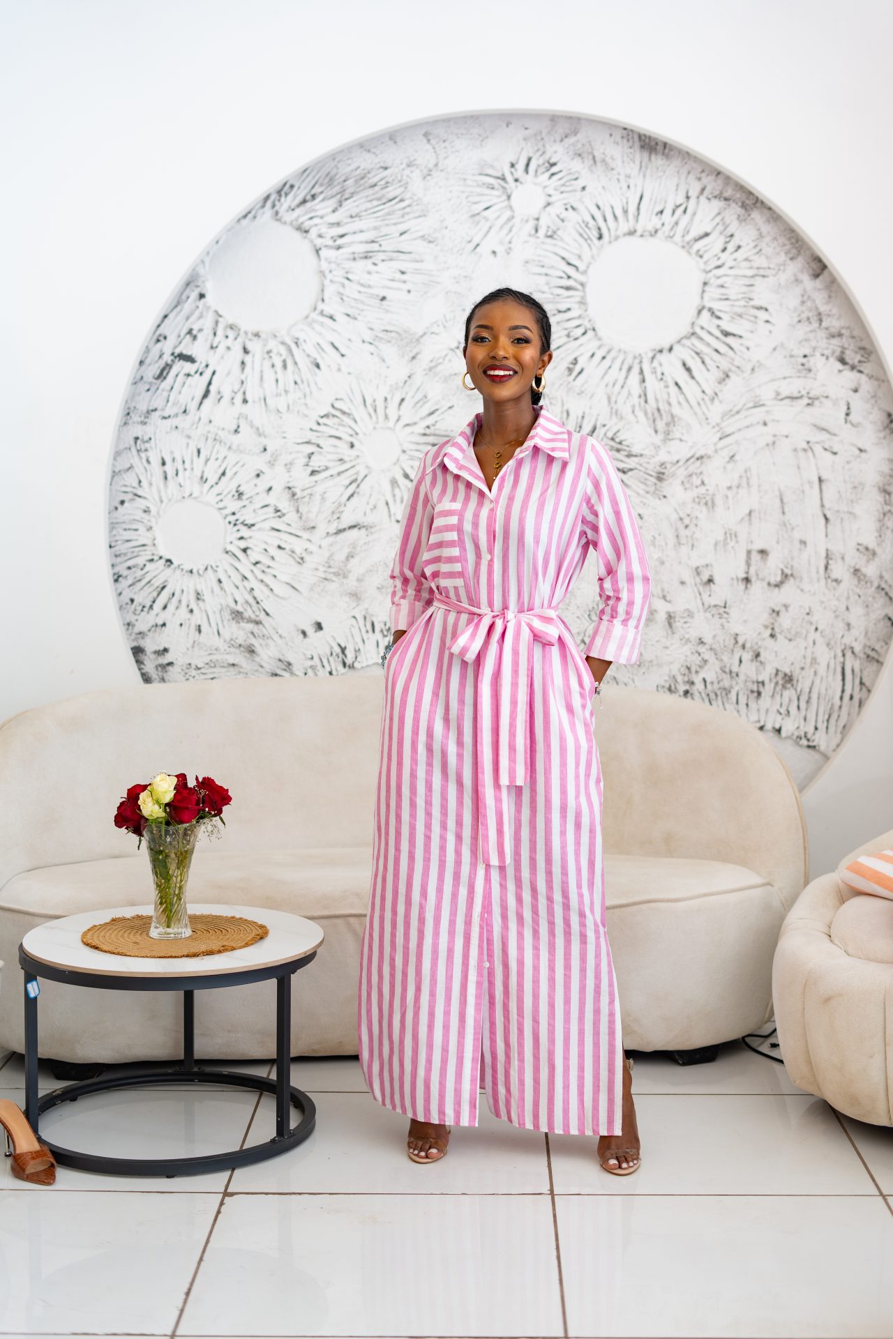 Pastel Striped Maxi Shirt Dress - Pink