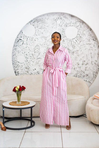 Pastel Striped Maxi Shirt Dress - Pink