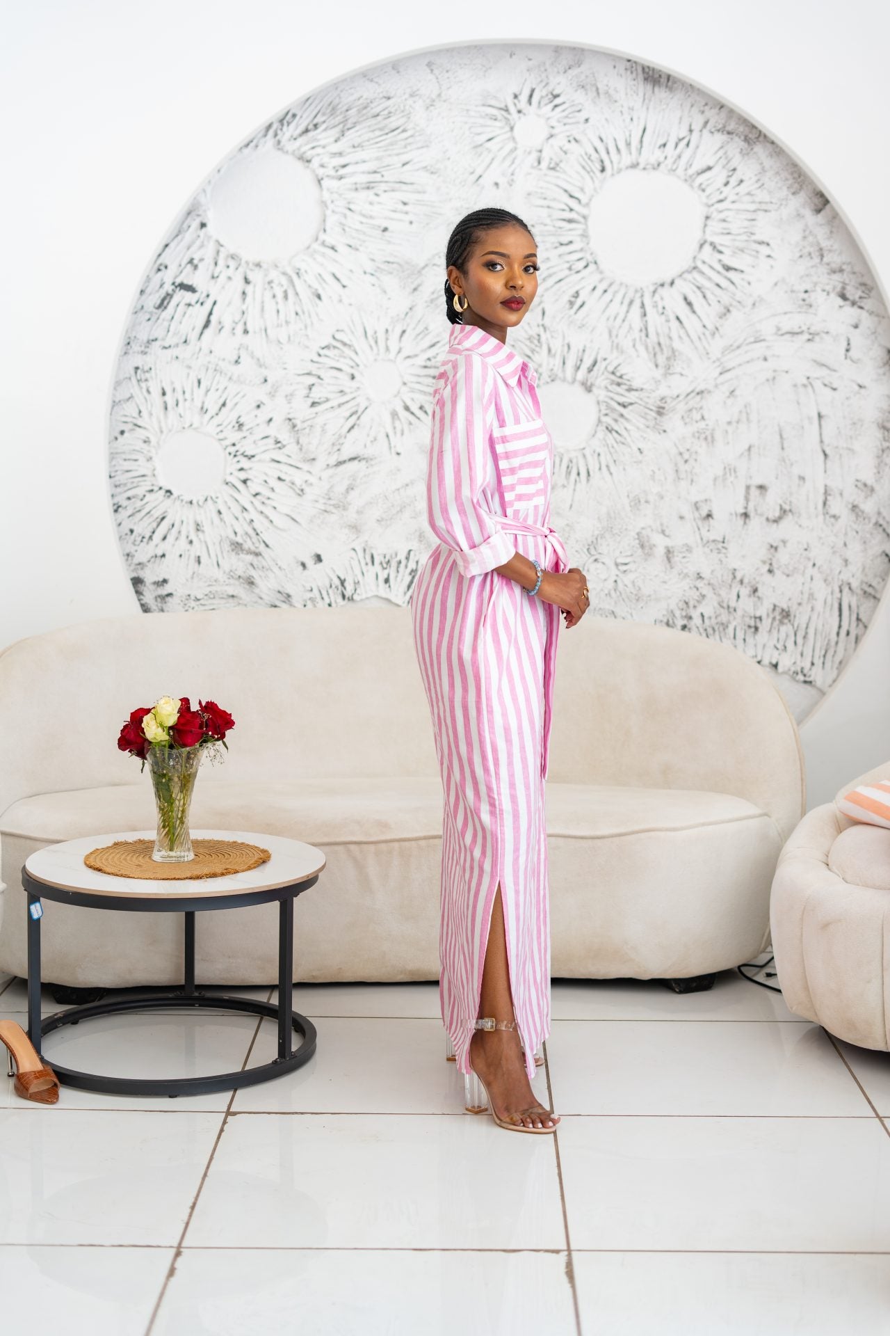 Pastel Striped Maxi Shirt Dress - Pink