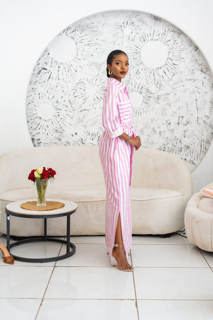 Pastel Striped Maxi Shirt Dress - Pink