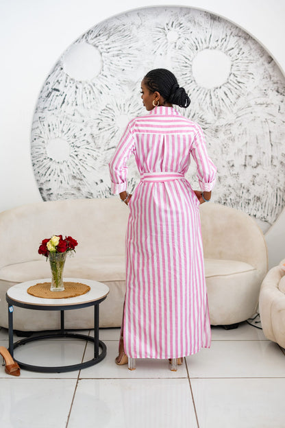 Pastel Striped Maxi Shirt Dress - Pink