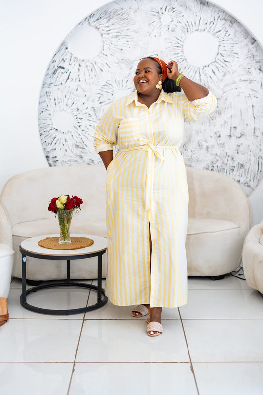 Pastel Striped Maxi Shirt Dress - Yellow