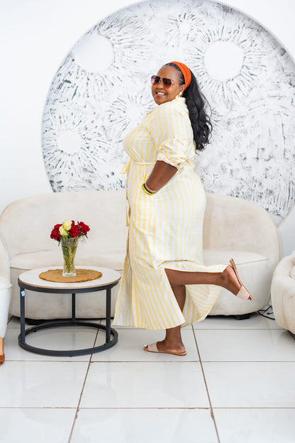 Pastel Striped Maxi Shirt Dress - Yellow