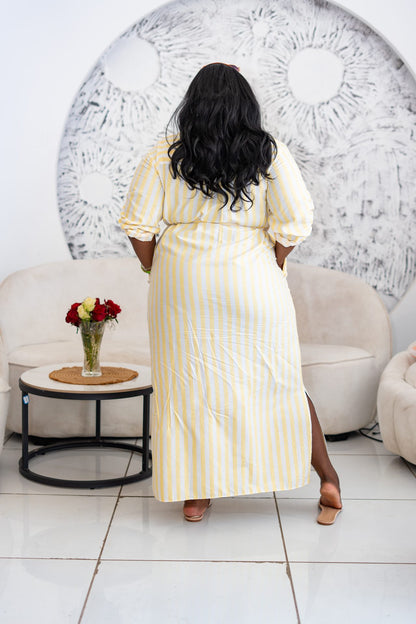 Pastel Striped Maxi Shirt Dress - Yellow