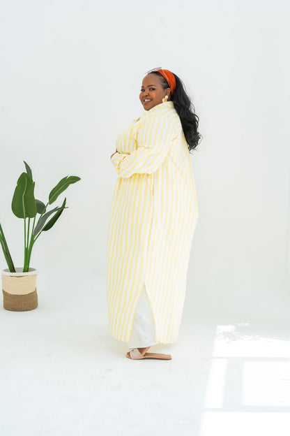 Pastel Striped Maxi Shirt Dress - Yellow
