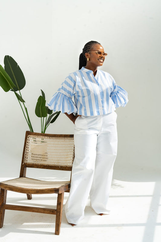 Pastel Striped Cropped Kimono Shirt - Blue