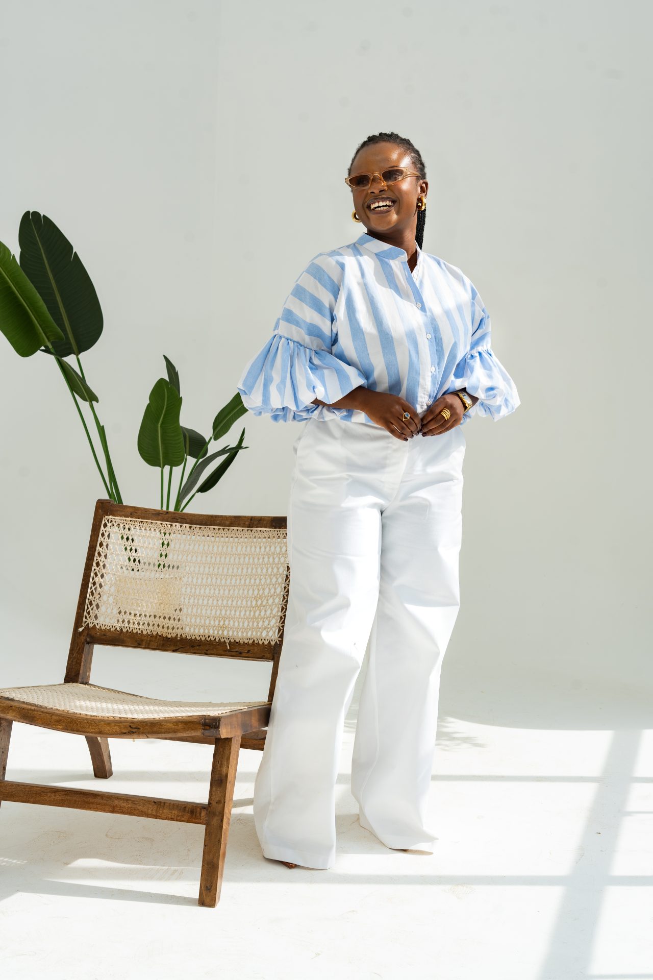 Pastel Striped Cropped Kimono Shirt - Blue