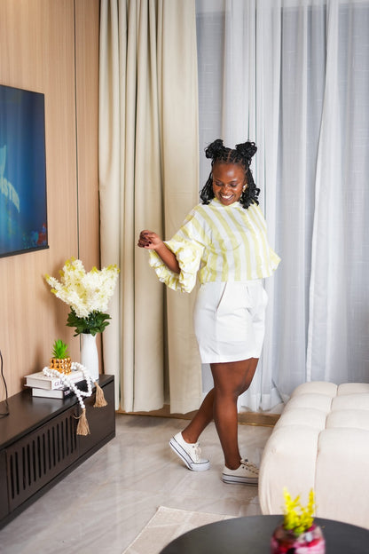 Pastel Striped Cropped Kimono Shirt - Lime