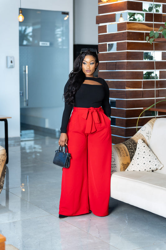 Classic Belted Palazzo Pants - Red