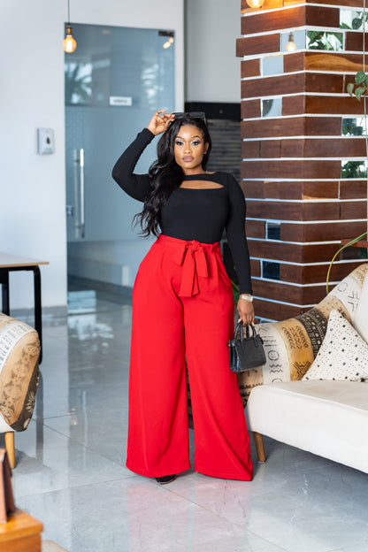 Classic Belted Palazzo Pants - Red