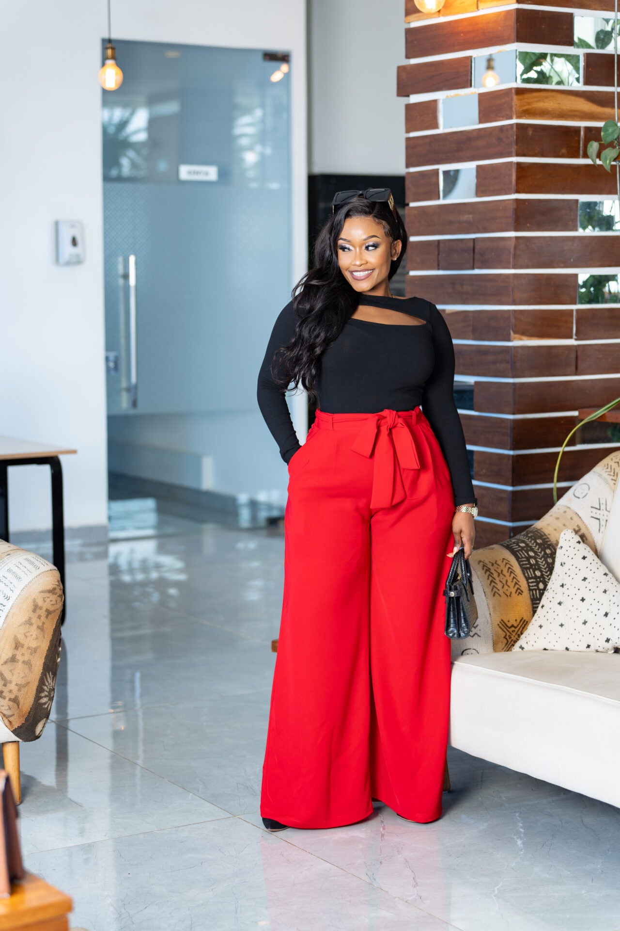 Classic Belted Palazzo Pants - Red