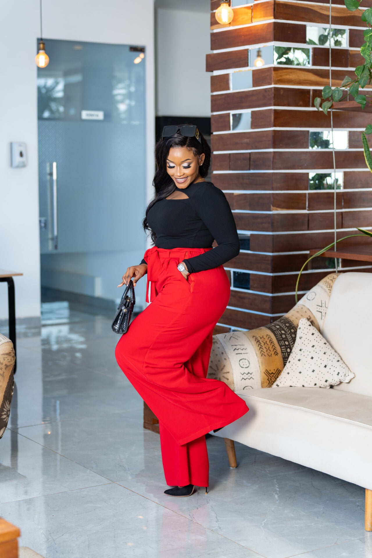 Classic Belted Palazzo Pants - Red