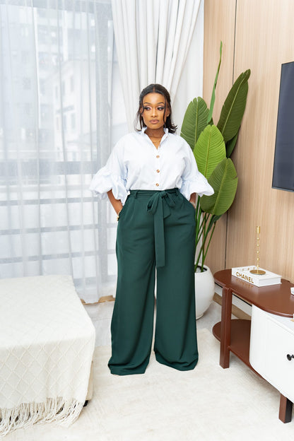 Belted Straight Leg Pants - Emerald Green