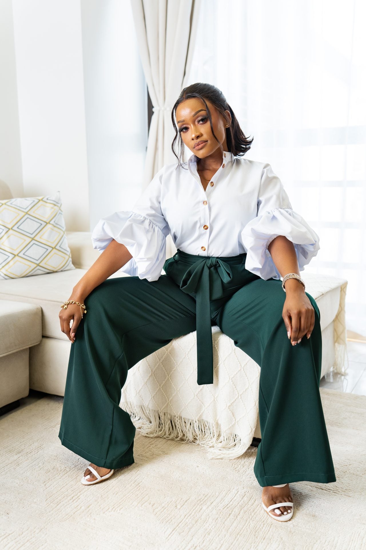 Belted Straight Leg Pants - Emerald Green