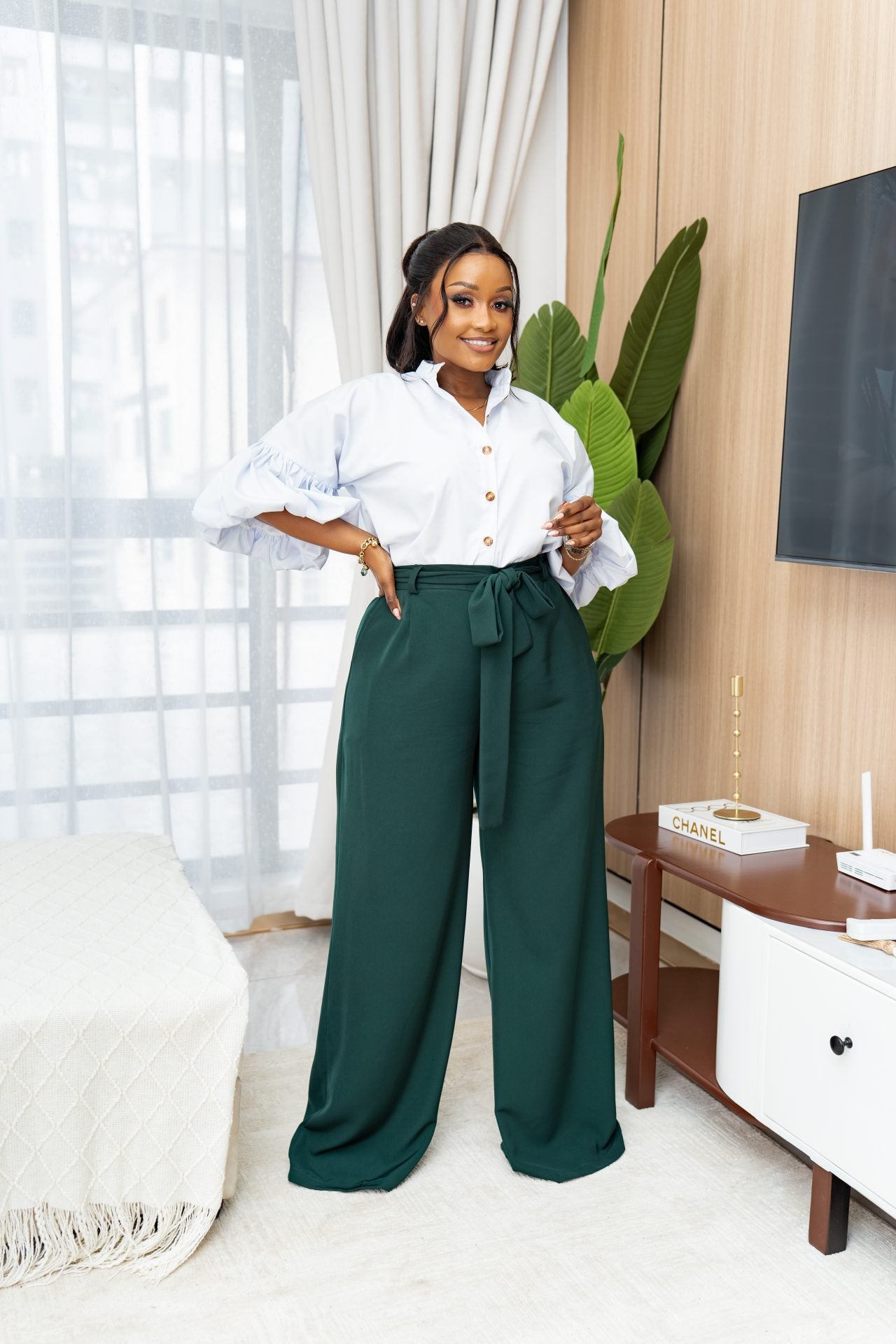Belted Straight Leg Pants - Emerald Green