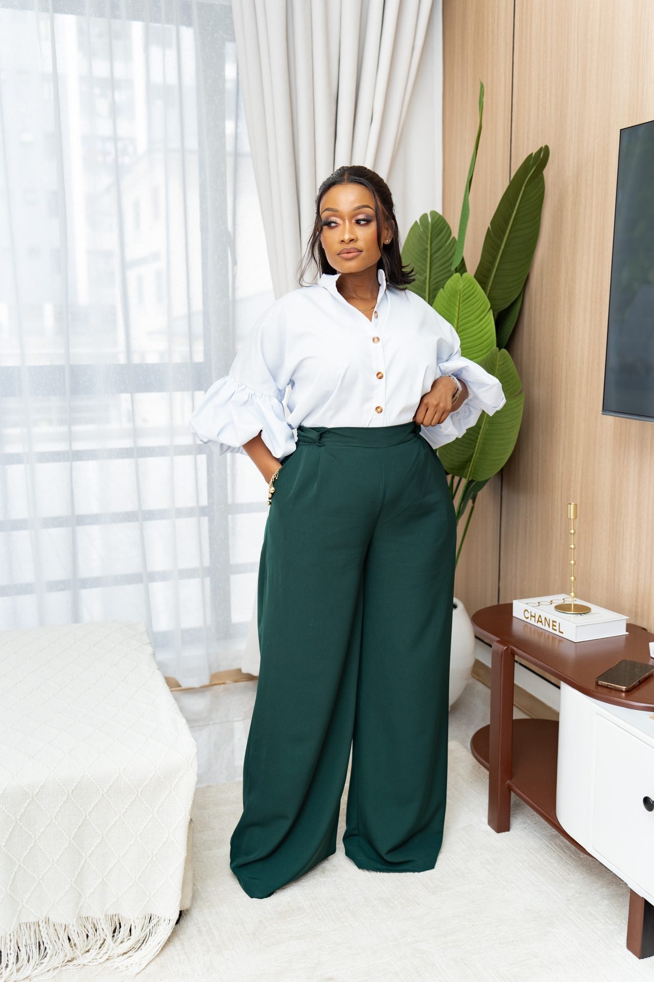 Belted Straight Leg Pants - Emerald Green