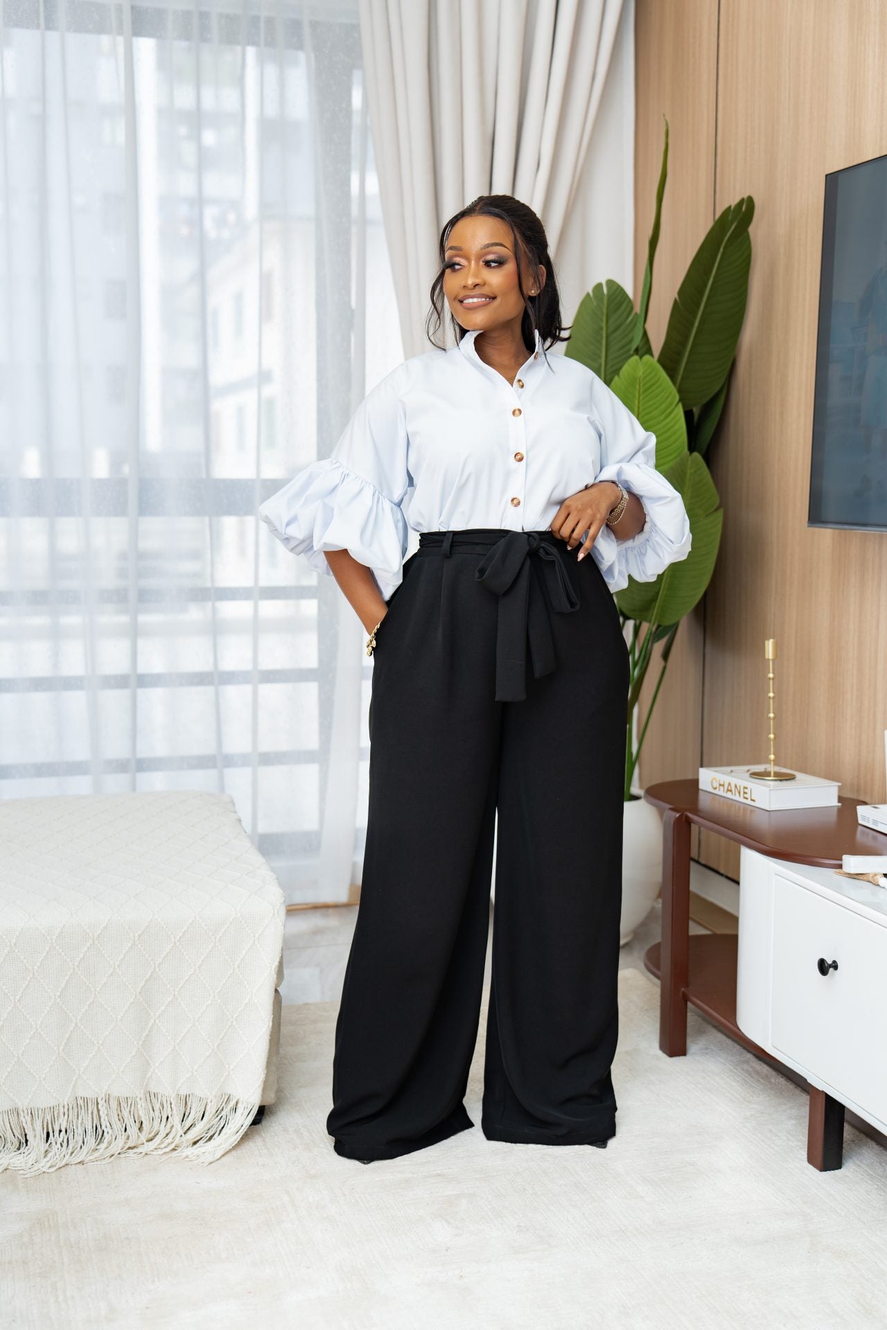 Belted Straight Leg Pants - Black