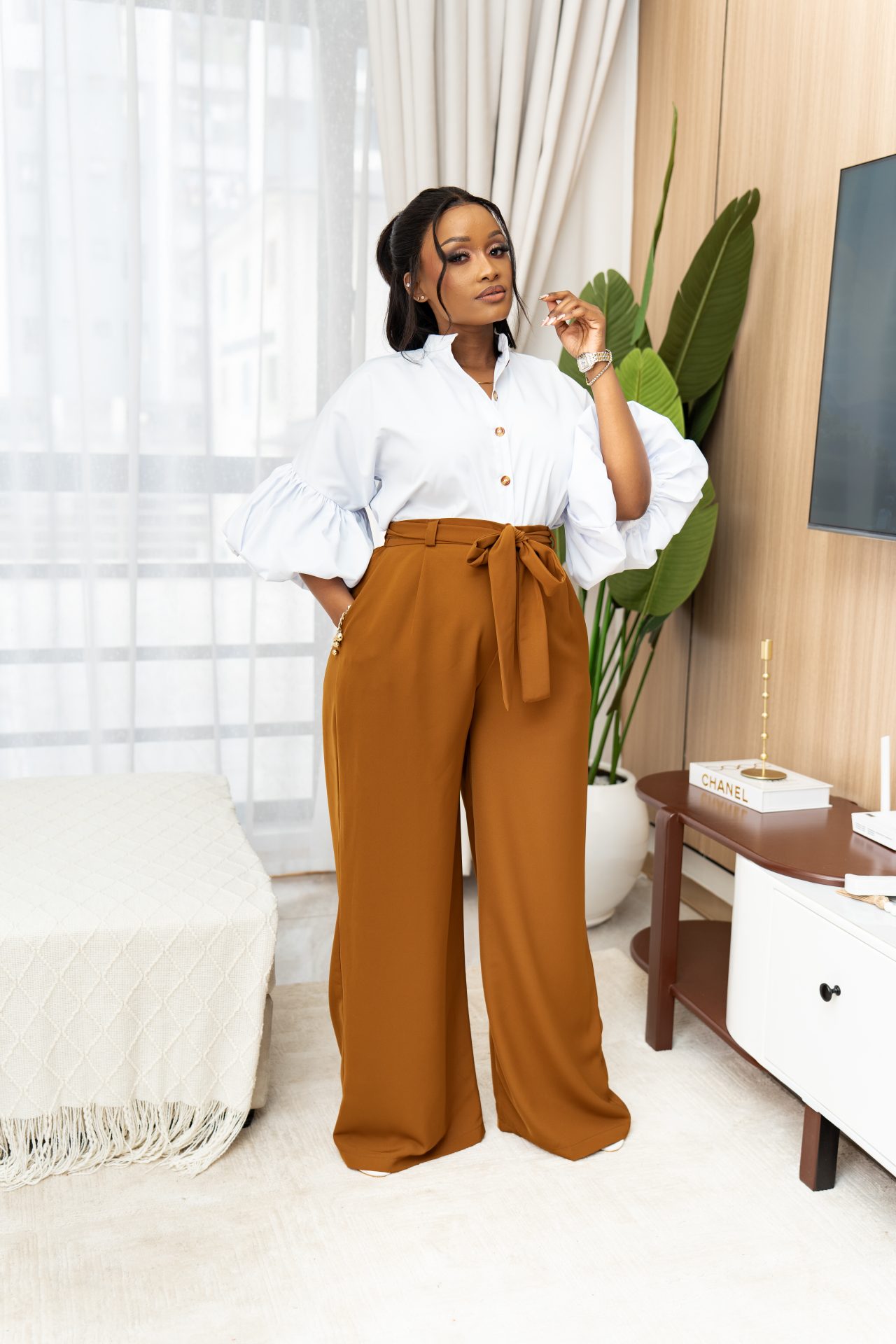 Belted Straight Leg Pants - Mustard Brown