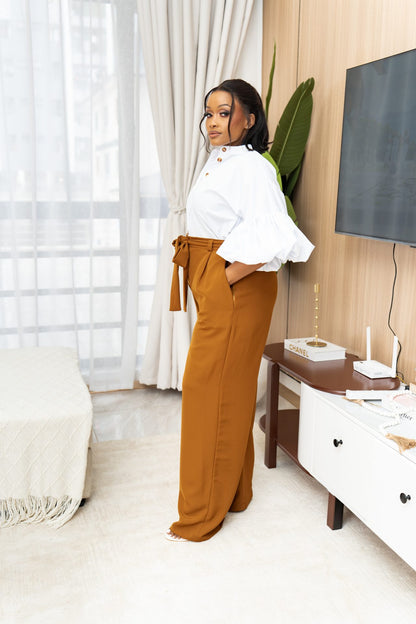 Belted Straight Leg Pants - Mustard Brown
