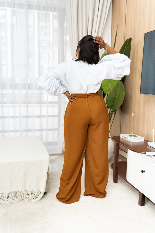 Belted Straight Leg Pants - Mustard Brown