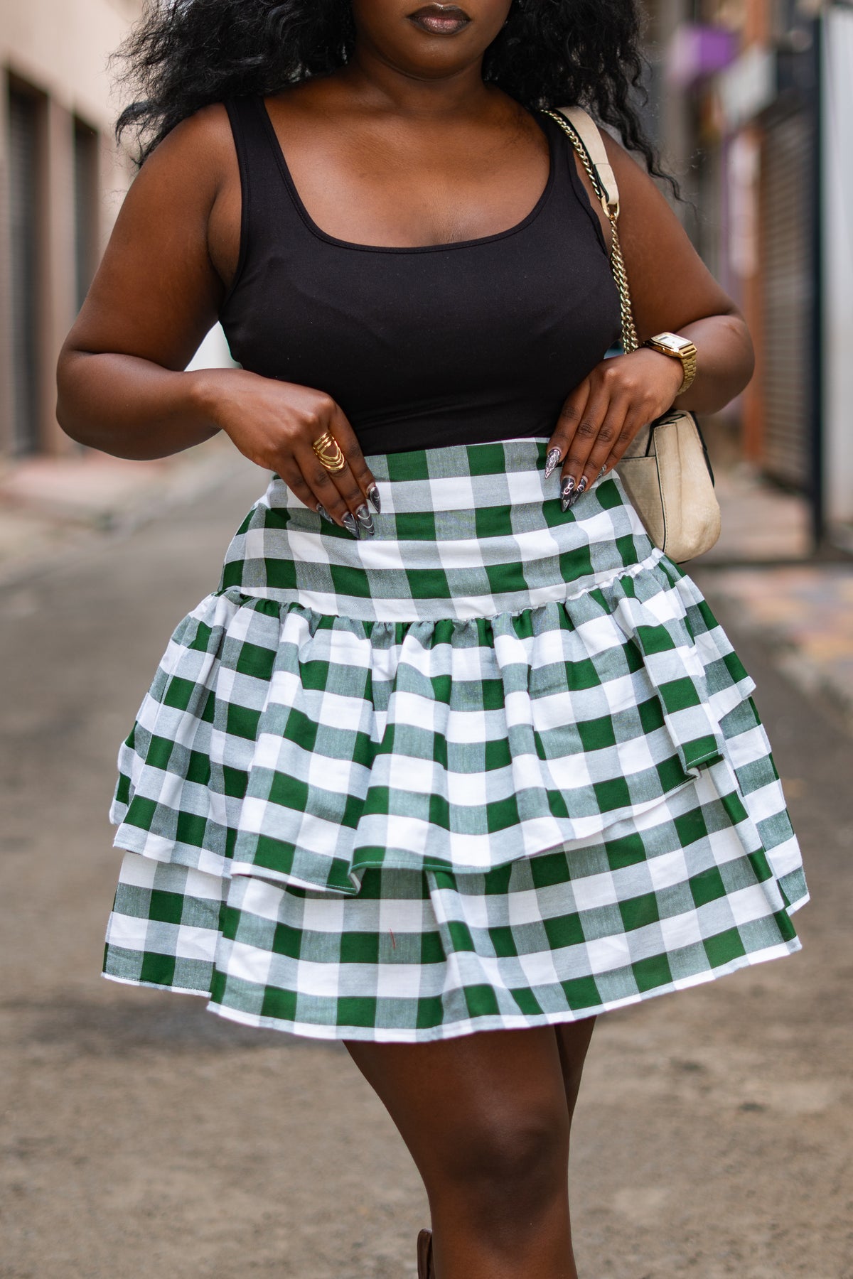 ⁠Gingham layered mini skirt (Green)