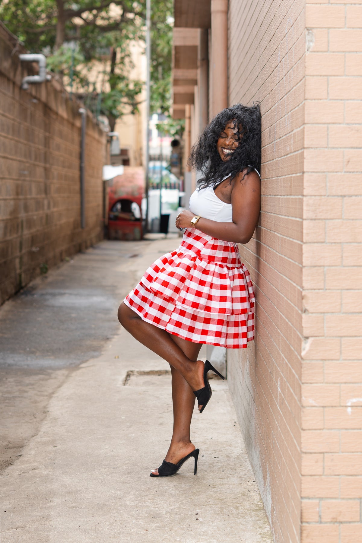 ⁠Gingham layered mini skirt (Red)