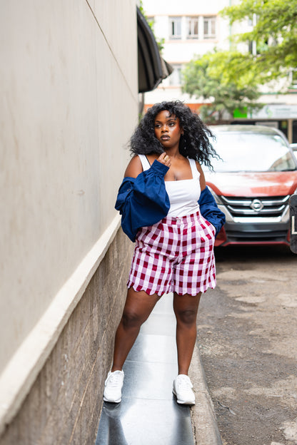 Gingham scalloped shorts (Burgundy)