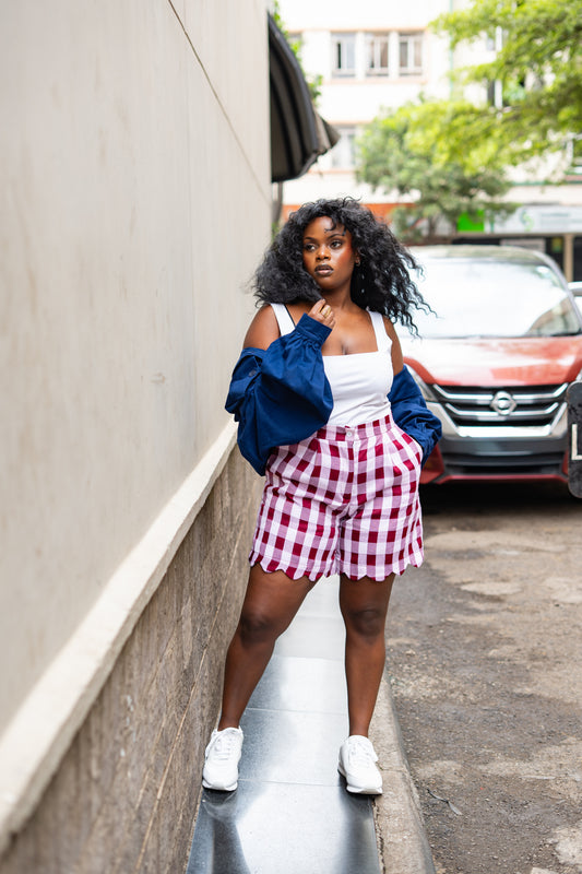 Gingham scalloped shorts (Burgundy)