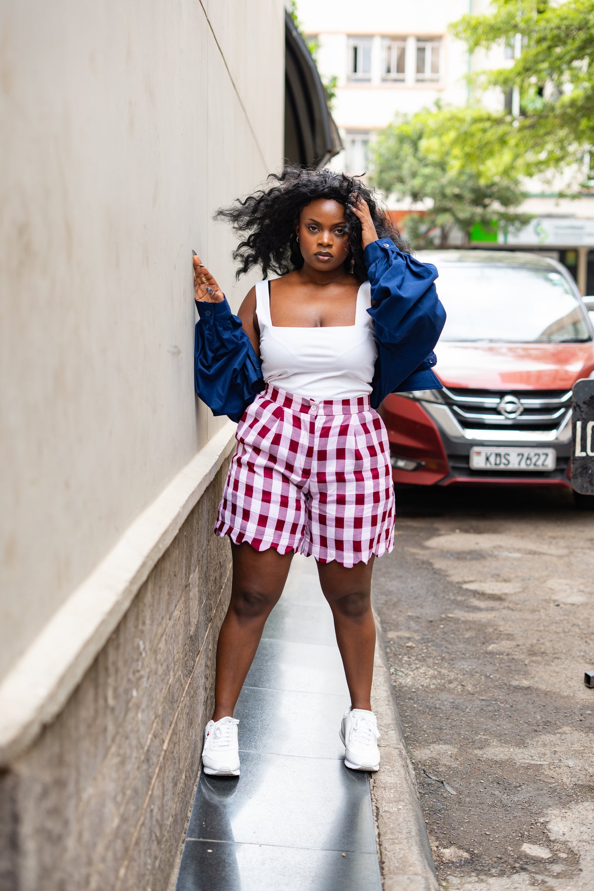 Gingham scalloped shorts (Burgundy)