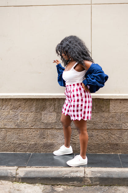 Gingham scalloped shorts (Burgundy)