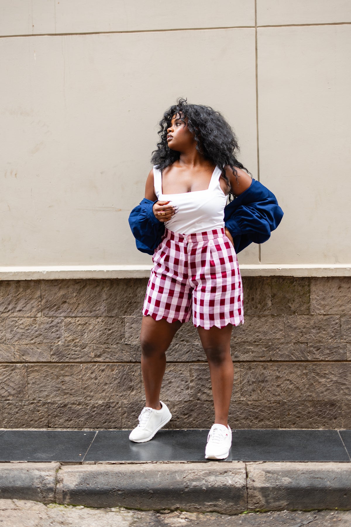 Gingham scalloped shorts (Burgundy)