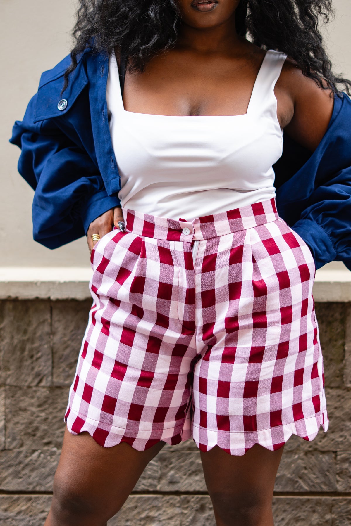 Gingham scalloped shorts (Burgundy)