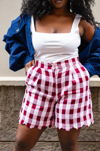 Gingham scalloped shorts (Burgundy)