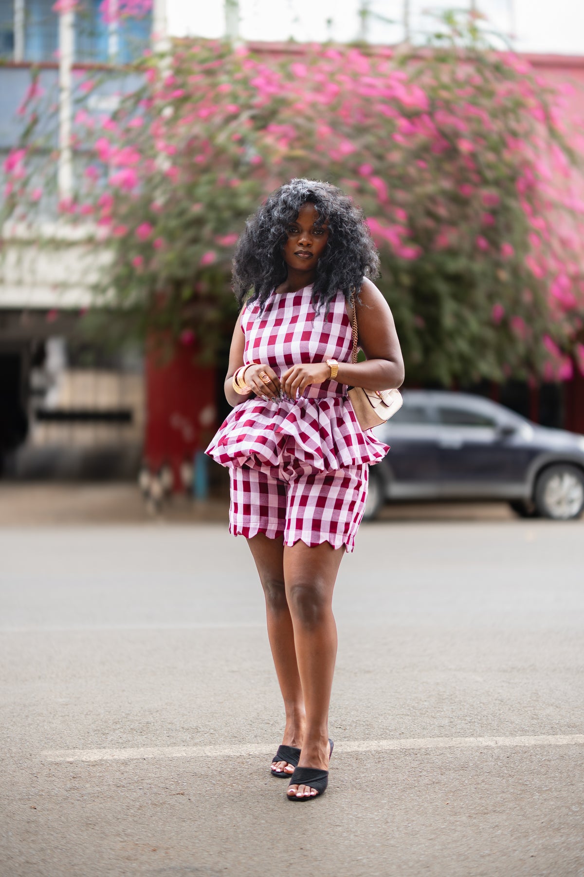 Gingham peplum top (Burgundy)