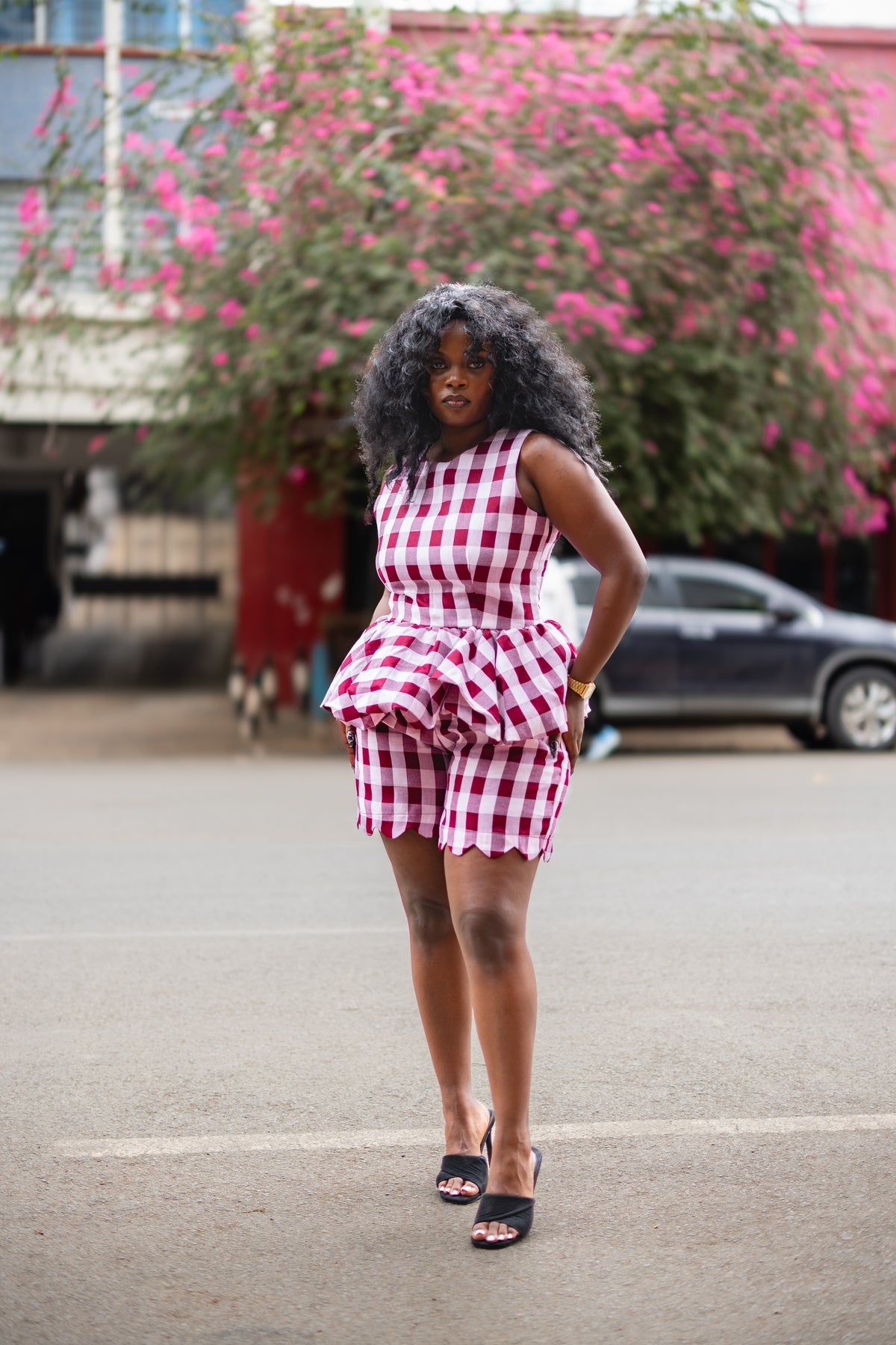 Gingham peplum top (Burgundy)
