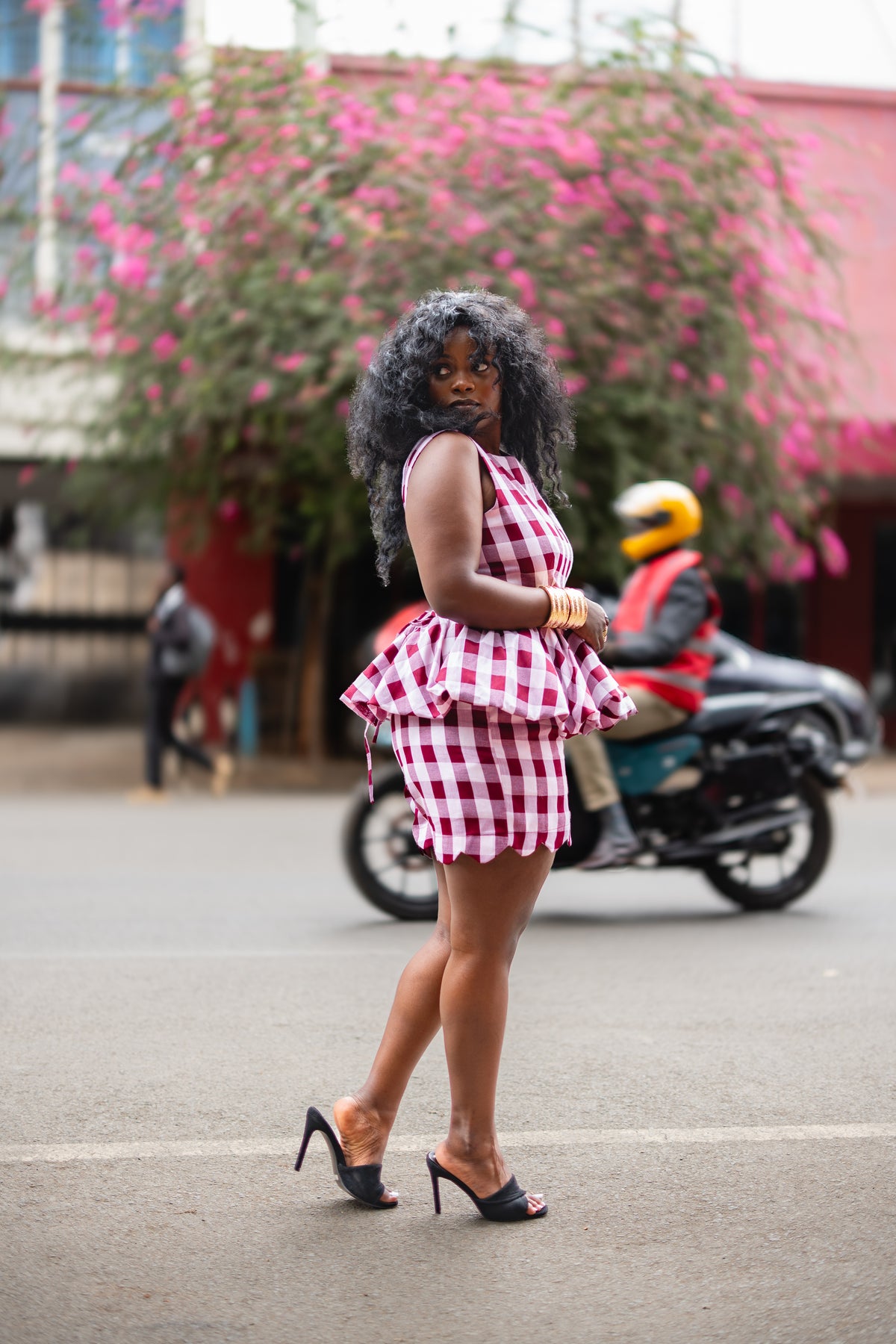 Gingham peplum top (Burgundy)