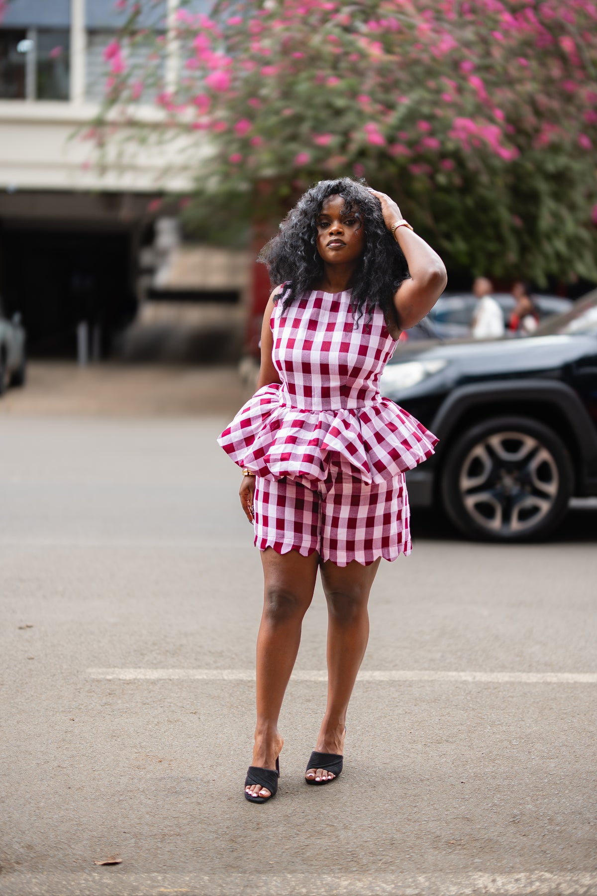 Gingham peplum top (Burgundy)