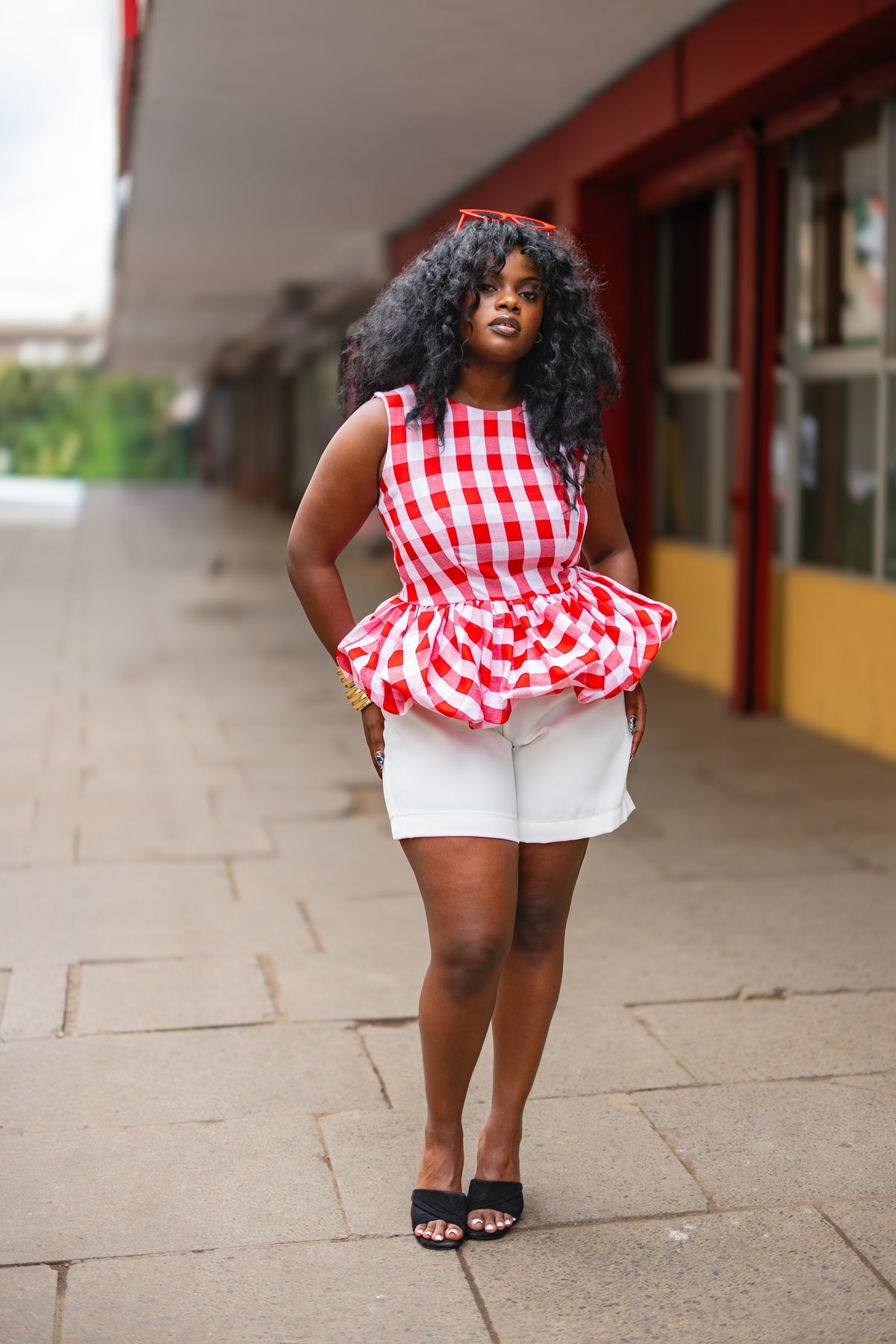 Gingham peplum top (Red)