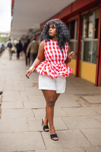 Gingham peplum top (Red)