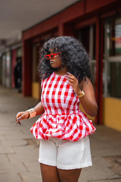 Gingham peplum top (Red)